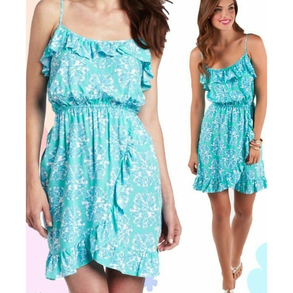 Lilly Pulitzer Kalen Lagoon Blue Green Hey Sailor Ruffle Faux Wrap Dress Size M‎